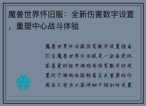 魔兽世界怀旧服：全新伤害数字设置，重塑中心战斗体验